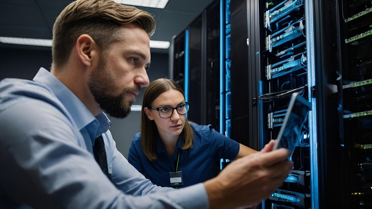 Home Two engineers reviewing a tablet in a server room