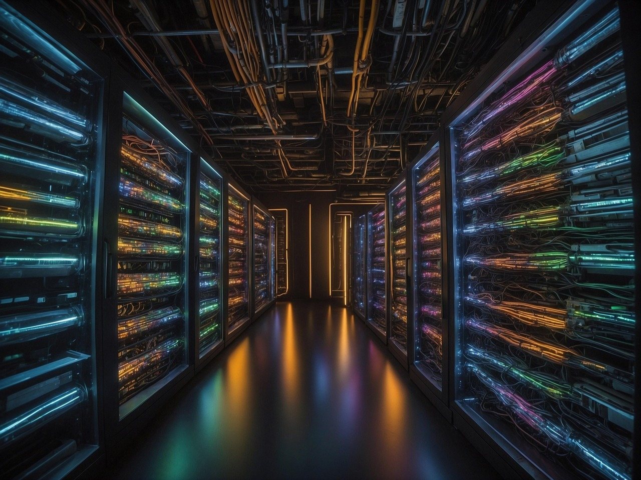 Home Data centre corridor lined with server racks